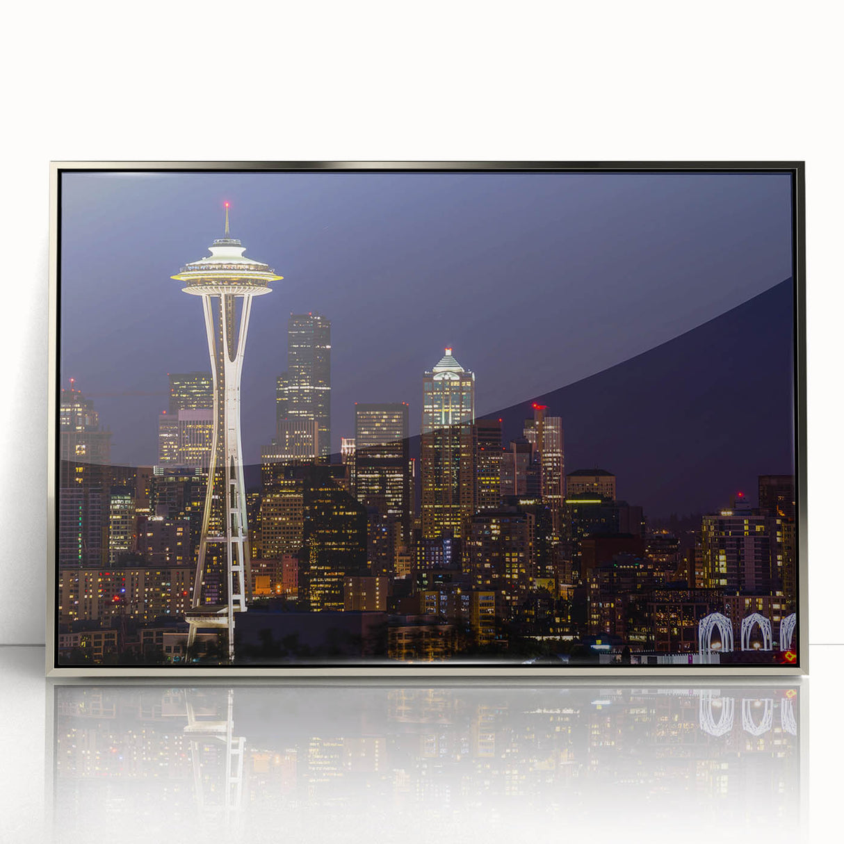 Mid-century modernist Seattle skyline in muted grays and blues on a framed acrylic, suitable for modern art wall decor.