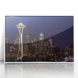 Art deco style poster of Seattle skyline in muted gray and white, acrylic framed, ideal for modern nursery wall art.