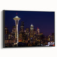Black and white framed canvas of Seattle skyline, ideal for bedroom wall art, in a vintage poster style.