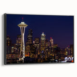 Black and white framed canvas of Seattle skyline, ideal for bedroom wall art, in a vintage poster style.
