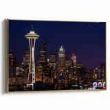 Framed canvas of Seattle skyline in black and gold tones, suitable as wall art for a bedroom.