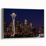Framed canvas landscape art painting of Seattle skyline in colorful palette, ideal for modern living room decor.