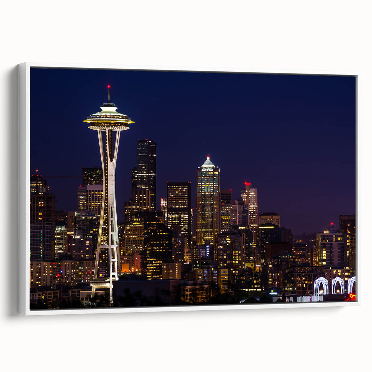 Framed canvas of vintage poster art featuring a colorful Seattle skyline on a black background, ideal for living room decor.