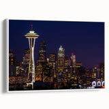 Framed canvas of vintage poster art featuring a colorful Seattle skyline on a black background, ideal for living room decor.