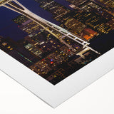 Art deco poster of Seattle skyline in muted gray and blue tones on rolled canvas, ideal for dining room wall art.