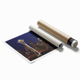 Extra large rolled print of Seattle skyline in muted gray and blue tones, suitable for classy bathroom wall art.