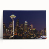 Black and white photograph of Seattle skyline on stretched canvas, ideal for kitchen wall art.