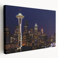Large art print of Seattle skyline in muted gray tones on stretched canvas, suitable for kitchen wall art.