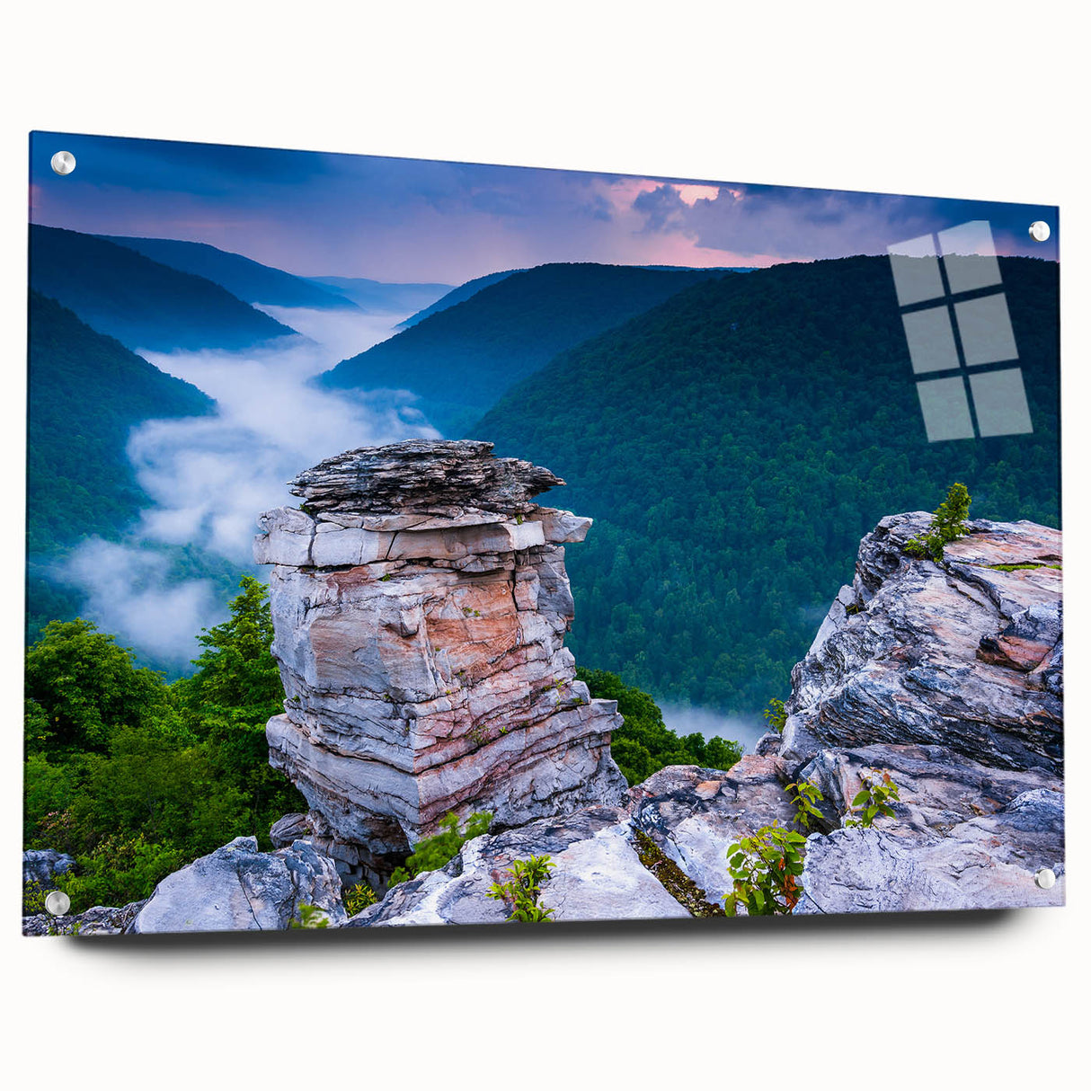 Large abstract depiction of West Virginia scenery in muted earth tones on acrylic glass.