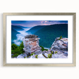 Textured art print featuring abstract depiction of West Virginia scenery in muted earth tones on a framed silver mat.