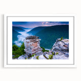 Abstract art print of West Virginia scenery in muted green and blue tones, framed with a white mat.