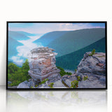 Large abstract wall art depicting West Virginia scenery in muted earth tones on a black framed acrylic print.