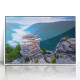 Art deco style poster of West Virginia scenery in muted green and blue tones, framed acrylic, ideal for nursery wall art.