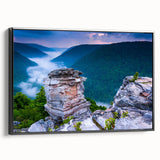 Black and white wall art featuring a vintage poster of the West Virginia landscape on a framed canvas.