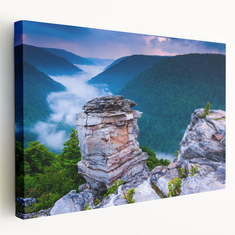 West Virginia landscape on large stretched canvas, featuring lush greenery and rolling hills, suitable for kitchen wall art.