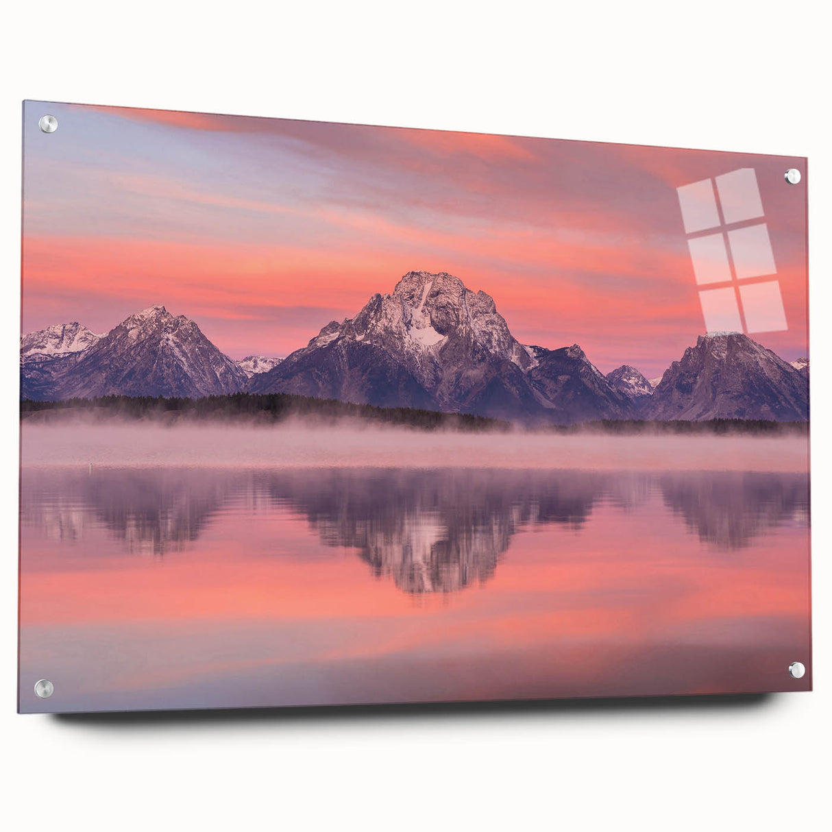 Acrylic print of the Grand Tetons in muted earth tones, ideal for bedroom or dining room decor.