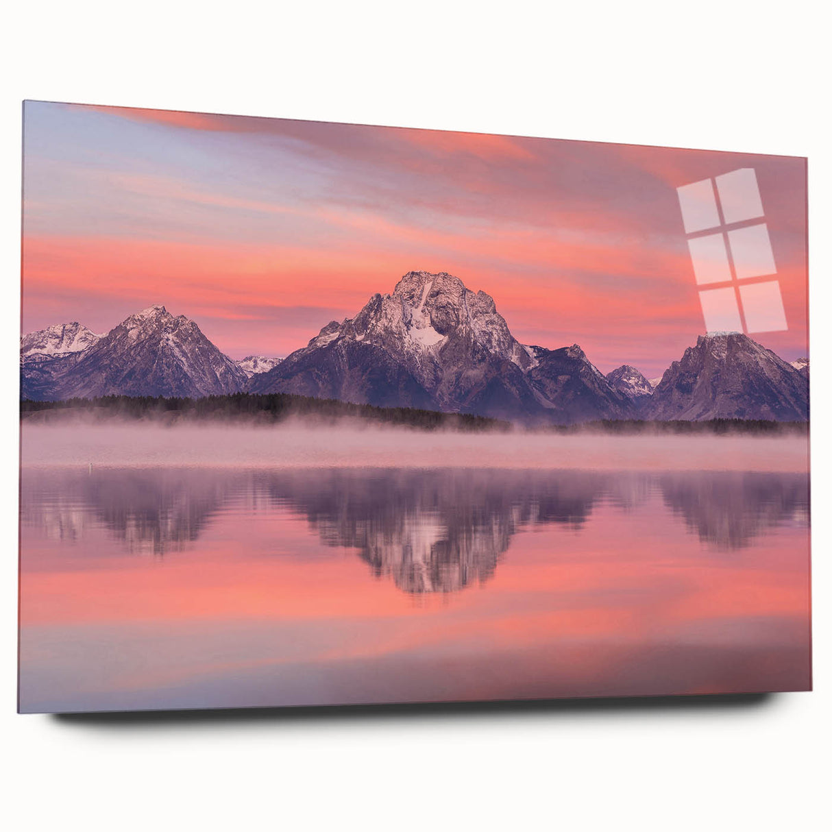 Acrylic print of the Grand Tetons in muted earth tones, suitable as large art for bedroom or dining room decor.