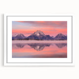Abstract art print of the Grand Tetons in muted earth tones on a framed white canvas.