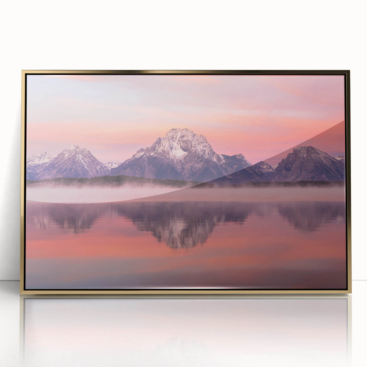 Mid-century modernist art of the Grand Tetons in muted earth tones on a framed acrylic print.
