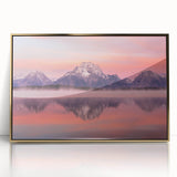 Mid-century modernist art of the Grand Tetons in muted earth tones on a framed acrylic print.