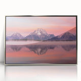 Mid-century modernist art of Grand Tetons in muted colors on a framed acrylic, ideal for nursery wall art.