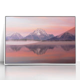 Acrylic print of the Grand Tetons with a white frame, featuring muted earth tones, ideal for modern art wall decor.