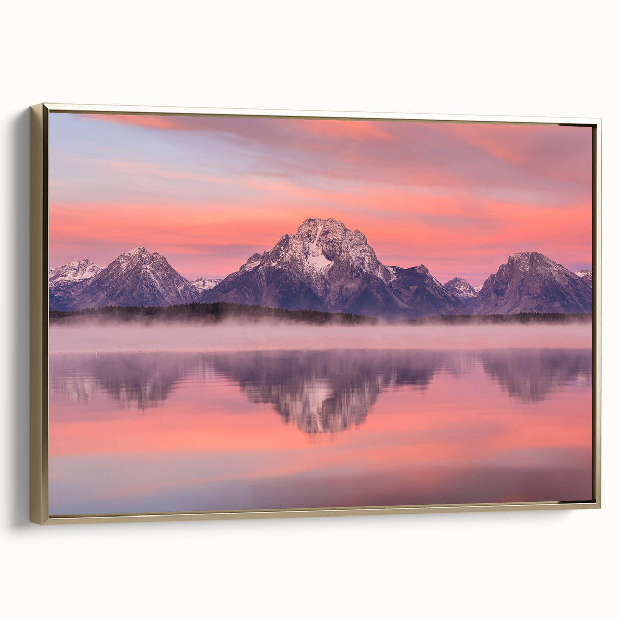 Framed canvas wall art depicting the Grand Tetons in muted earth tones, ideal for bedroom decor.