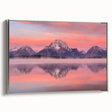 Framed canvas depicting a vintage-style landscape of the Grand Tetons with a primarily black and colorful palette.