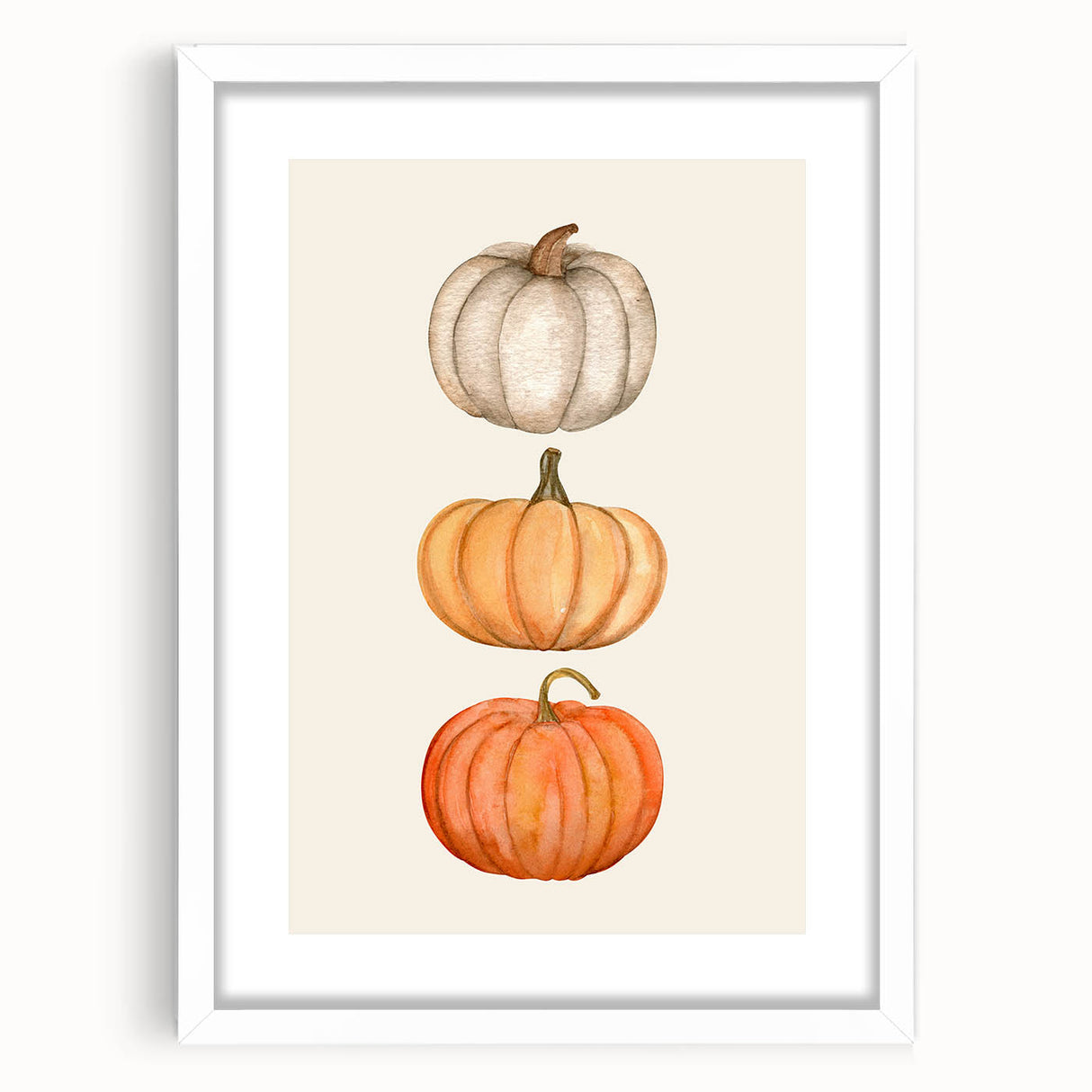 Abstract art print depicting fall foliage in warm orange and red tones on a white framed canvas, ideal for dining room decor.