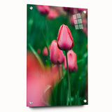 Spring-themed large abstract wall art on acrylic glass, with vibrant green and pink tones.