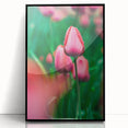 Large abstract wall art depicting spring season in muted green and pink tones on a framed acrylic.