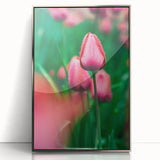 Mid-century modernist art depicting spring season in pastel shades on a silver-framed acrylic print.