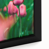Close-up of a black wall art framed canvas featuring textured, colorful abstract design, ideal for living room decor.