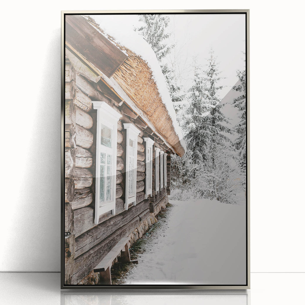 Mid-century modernist winter scene in muted blue and white tones on a framed acrylic, suitable for nursery wall art.