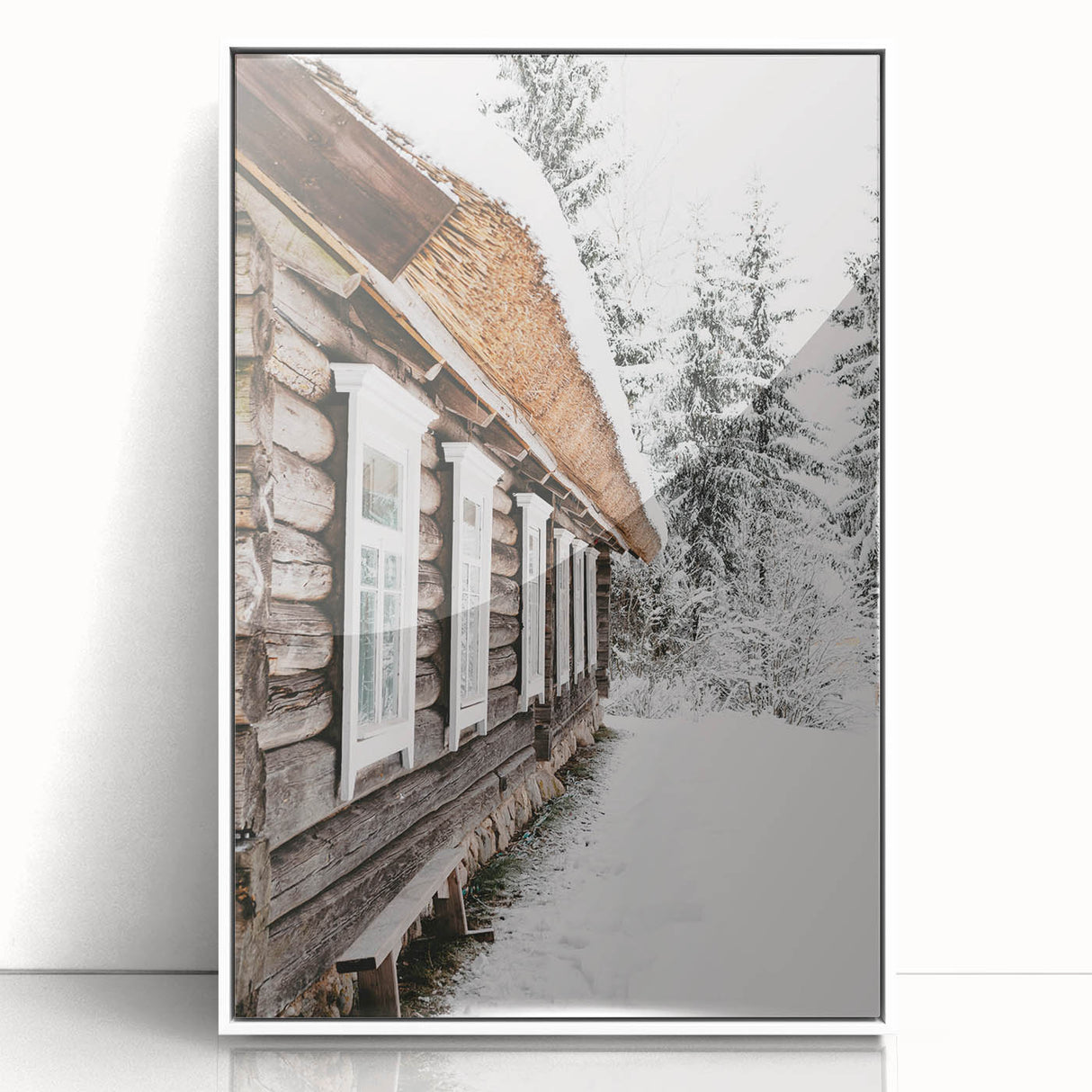 Art deco poster depicting a serene winter scene in muted blue and white tones, framed acrylic, ideal for nursery wall decor.