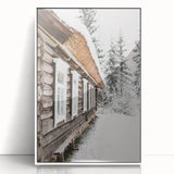 Art deco poster depicting a serene winter scene in muted blue and white tones, framed acrylic, ideal for nursery wall decor.