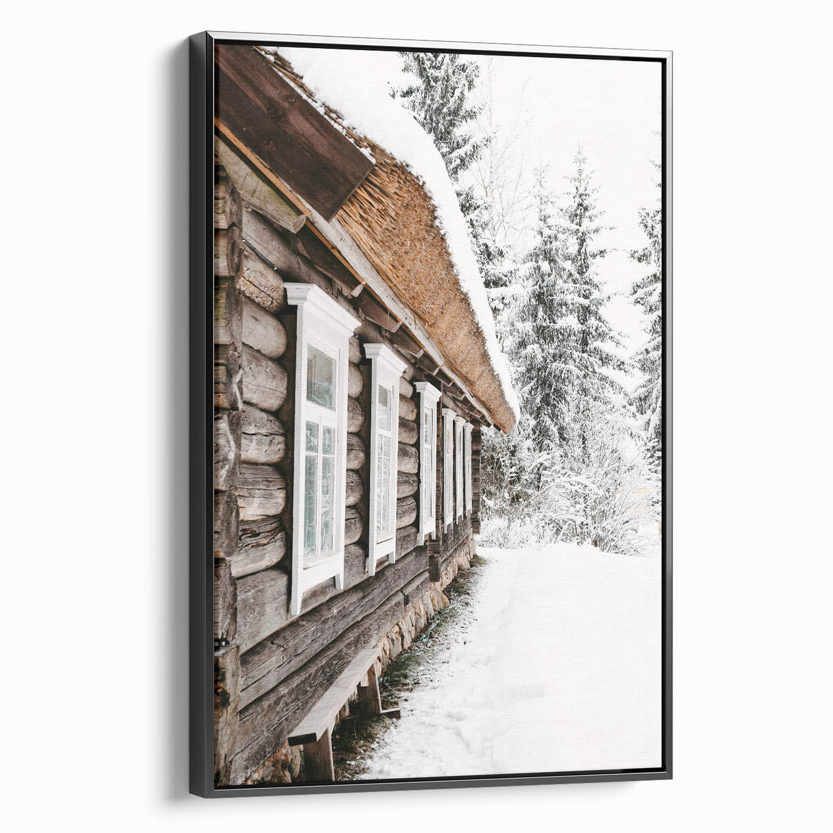 Black and white landscape art painting on framed canvas, depicting a serene winter scene, suitable for bedroom decor.