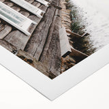 Art Deco poster featuring a winter scene in muted blue and white tones on rolled canvas, ideal for dining room decor.