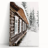 Black and white photograph of a snowy landscape on stretched canvas, suitable as large kitchen wall art or bedroom decor.