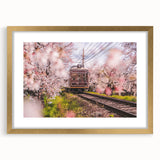 Extra large abstract art print featuring textured vehicles and transportation motifs in gold tones, framed with mat.