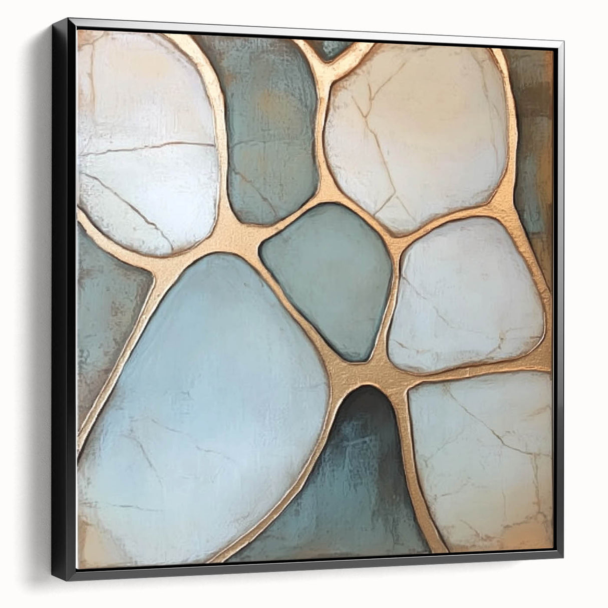 Abstract geometric framed canvas artwork with black accents, showcasing a modern design from a side view, ideal for contemporary home decor.