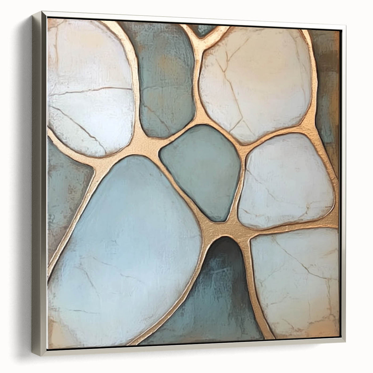 Abstract geometric framed canvas art in silver, showcasing a modern design with sharp angles and contrasting colors, ideal for contemporary home decor.