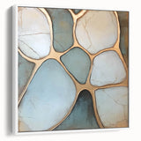 Abstract geometric framed canvas artwork showcasing a modern design with white and gray tones, displayed from a side view to highlight its depth and texture, ideal for contemporary home decor.