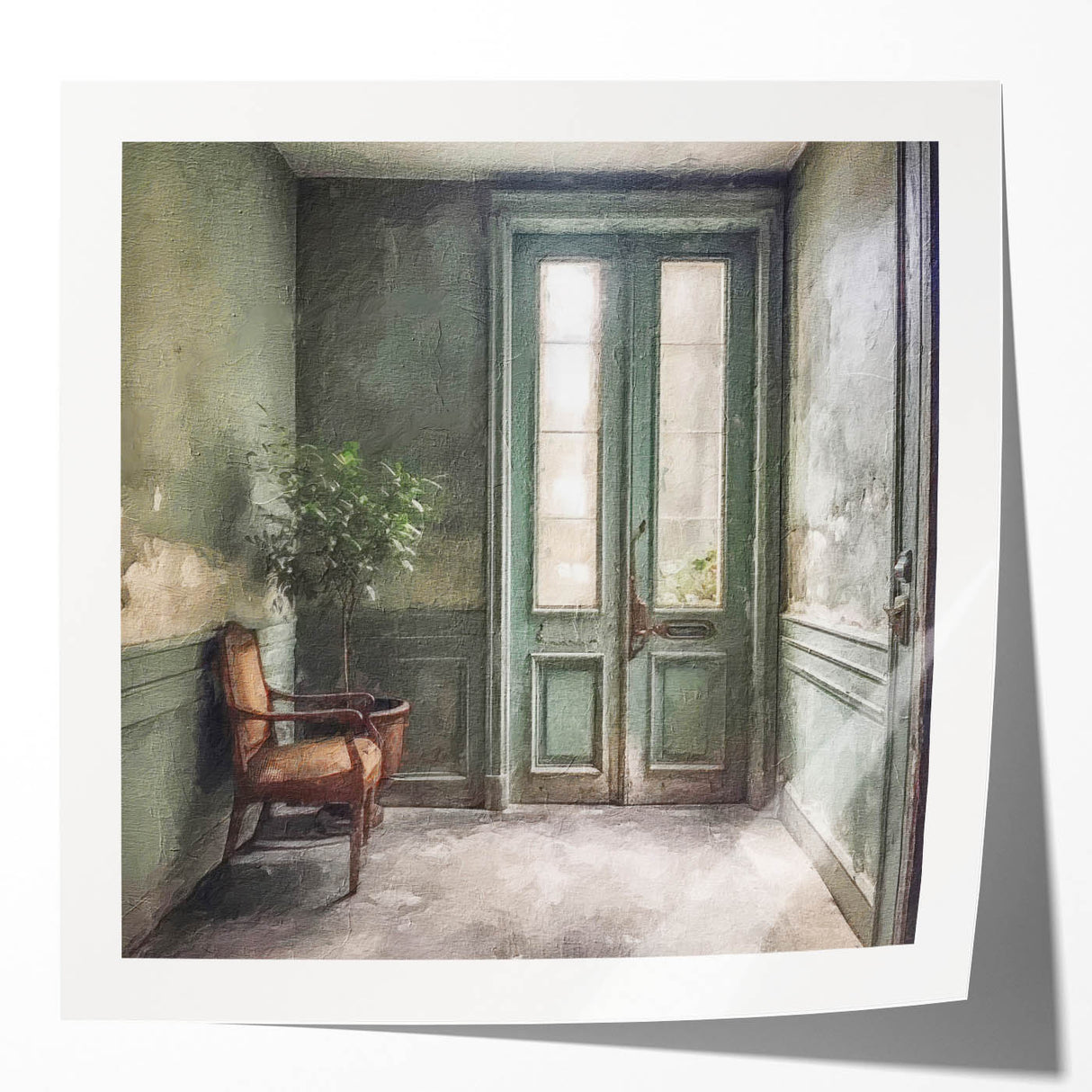 Extra large glossy print of a French door architecture in muted earth tones, ideal for art wall dining room.