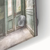 Mid-century modernist acrylic glass wall art featuring a close-up of a French door, in muted earth tones.