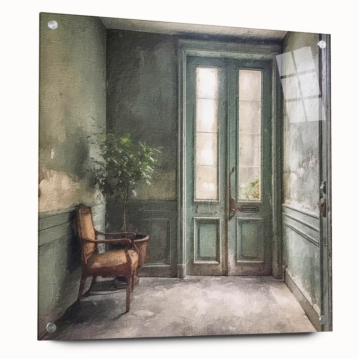 Acrylic print of a large abstract door design in neutral and earth tones, suitable for bedroom or dining room decor.