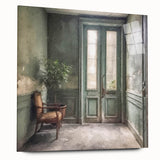 Large abstract wall art featuring a French door design in muted grays and whites on acrylic glass.
