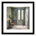 Extra large abstract art print featuring a colorful, textured image of a French door, framed with a black mat.