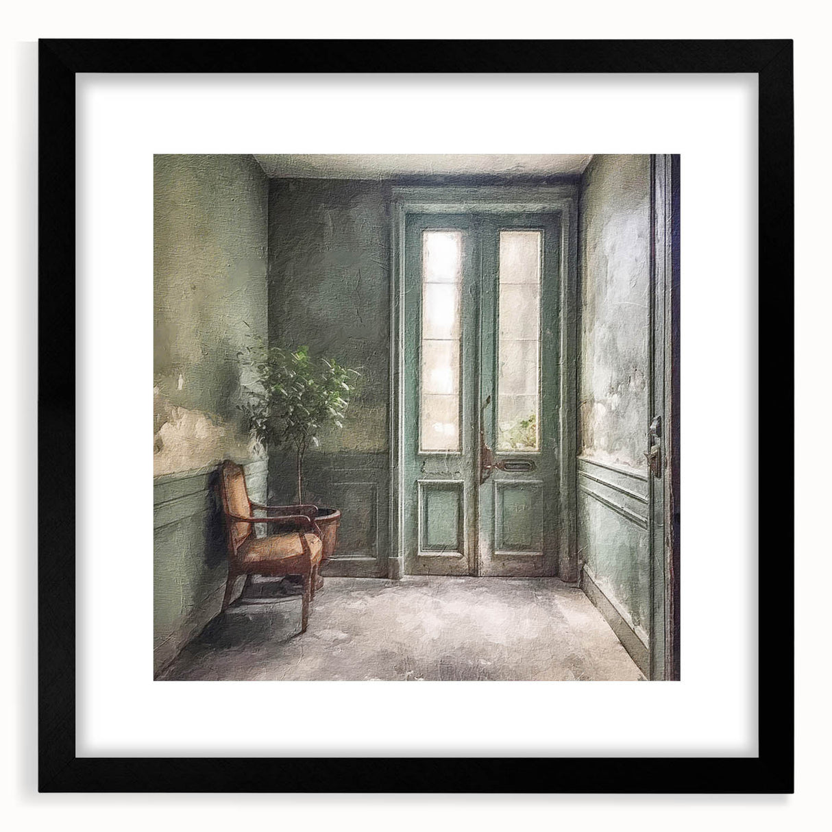 Extra large abstract art print featuring a colorful, textured image of a French door, framed with a black mat.