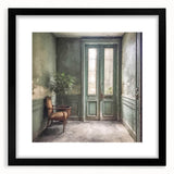 Extra large abstract art print featuring a colorful, textured image of a French door, framed with a black mat.